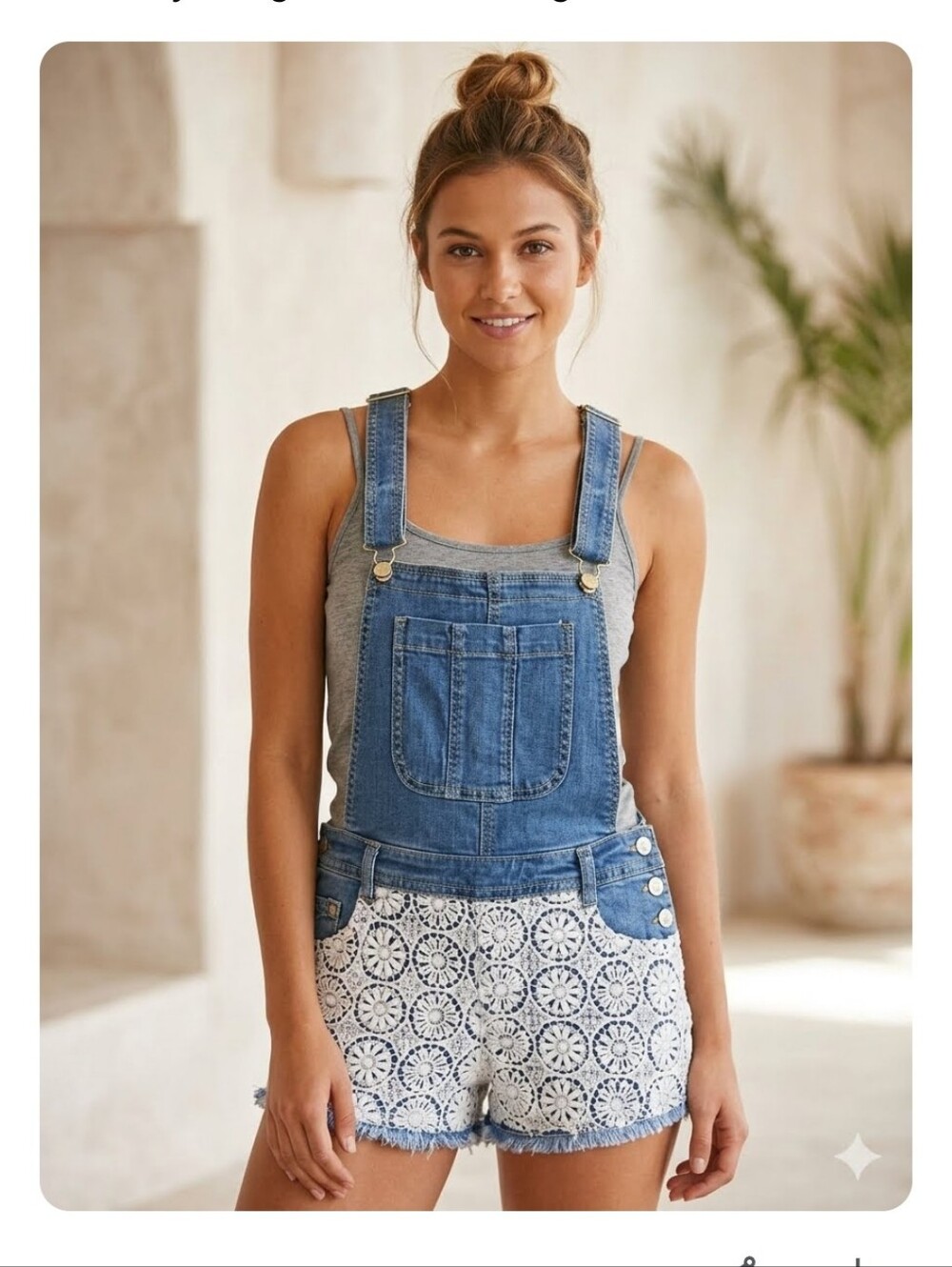 New 90's Delia*s Womens Denim Bib Overall Shorts Crochet Front Bohemian Small